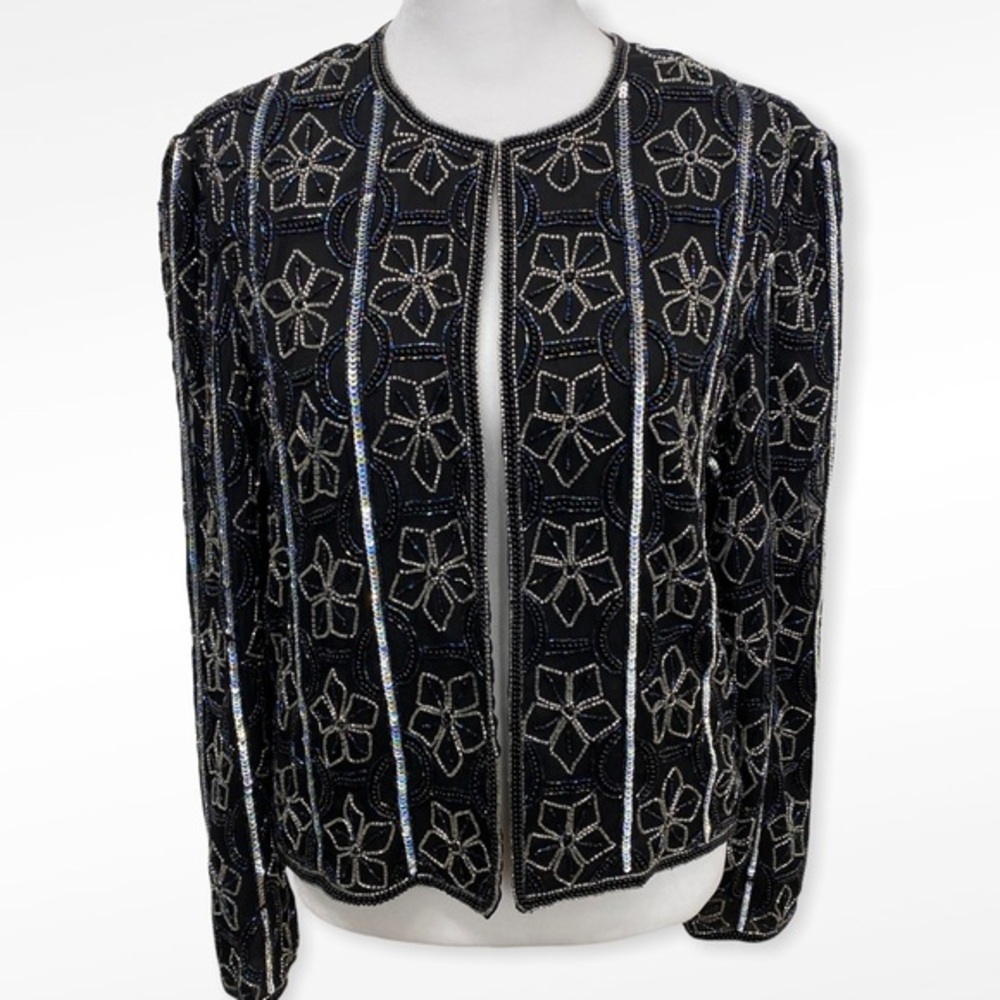Papell Boutique Evening Black Silk Fully Floral Beaded Jacket